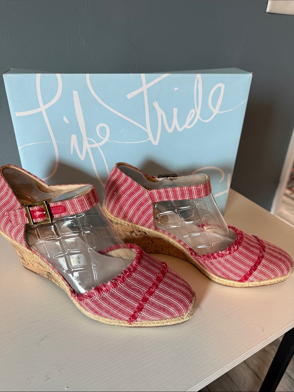 Life Stride Red and White Striped Wedge Sandals